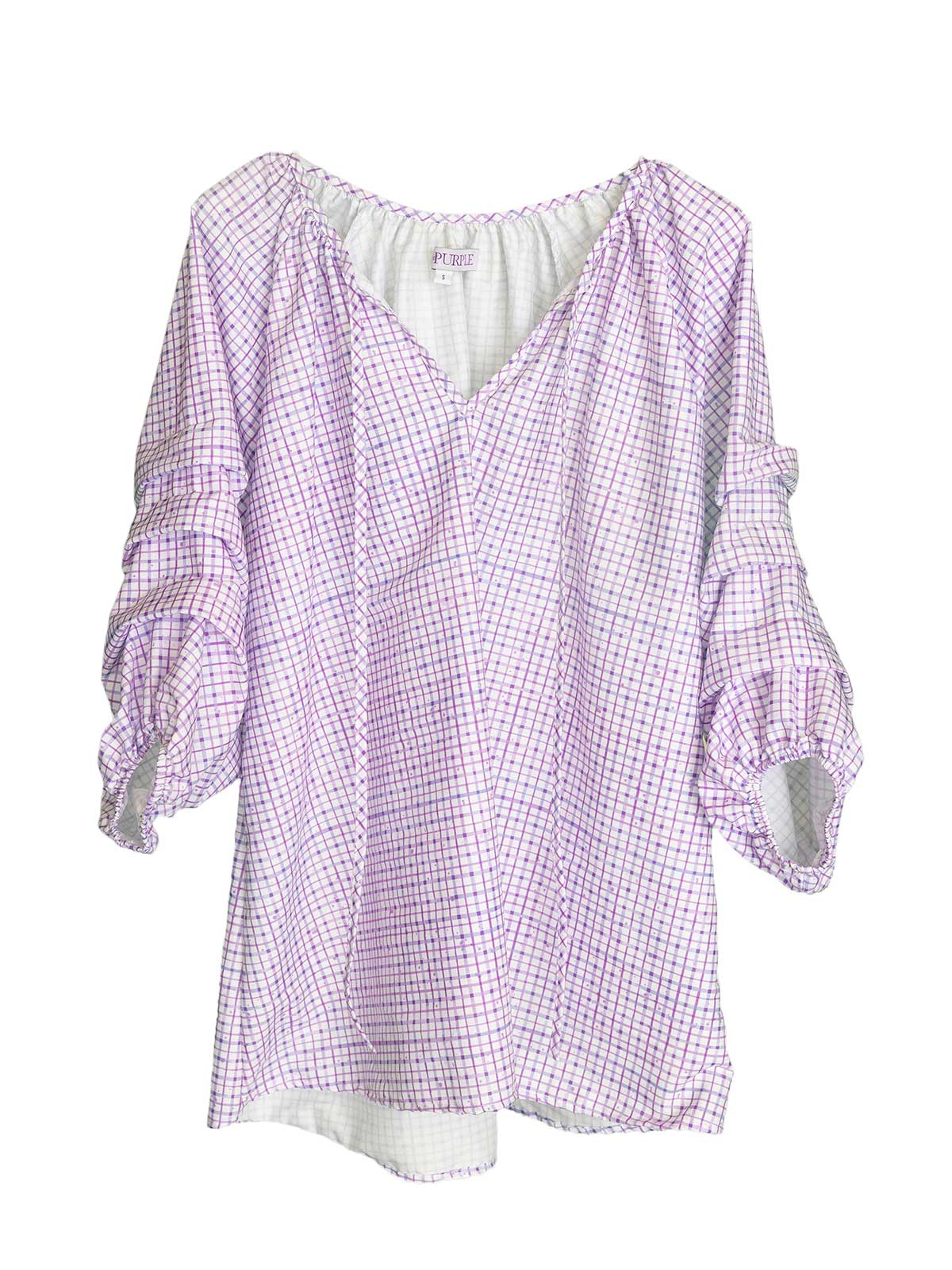3/4 Length Sleeve Blouse with Blouson Grid Pattern