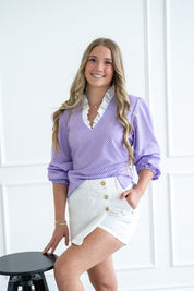 Mini Frog Print Silky Blouse with 3/4 Length Sleeves