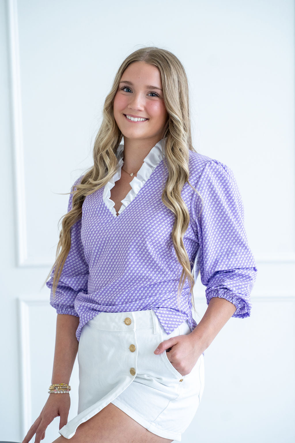 Mini Frog Print Silky Blouse with 3/4 Length Sleeves