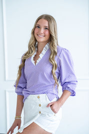 Mini Frog Print Silky Blouse with 3/4 Length Sleeves