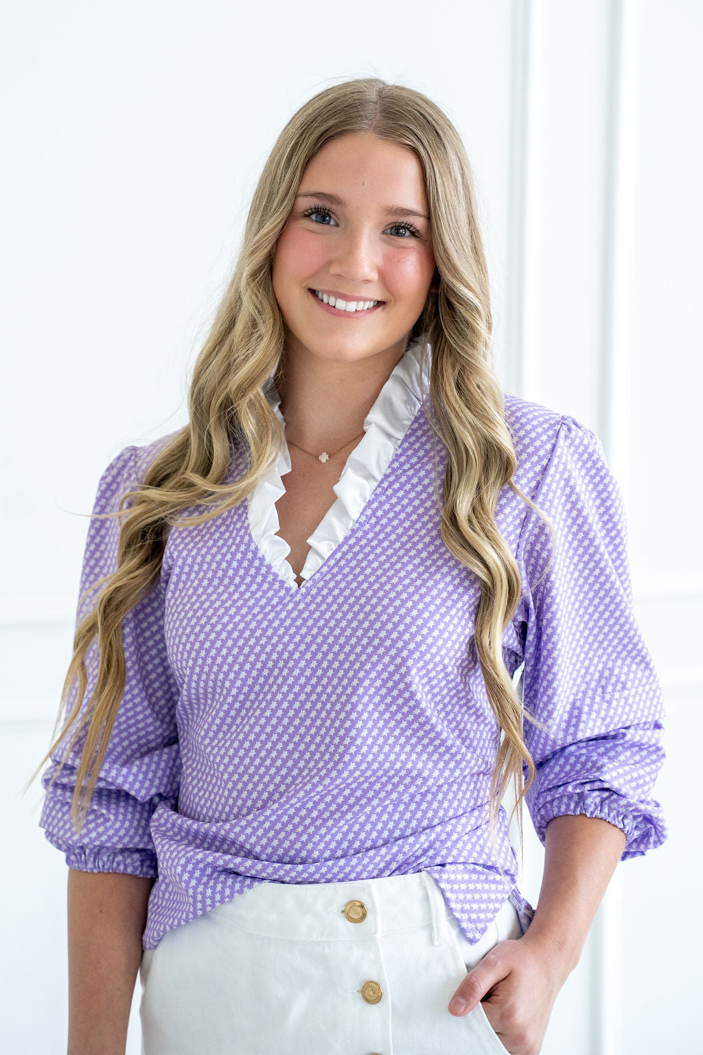 Mini Frog Print Silky Blouse with 3/4 Length Sleeves